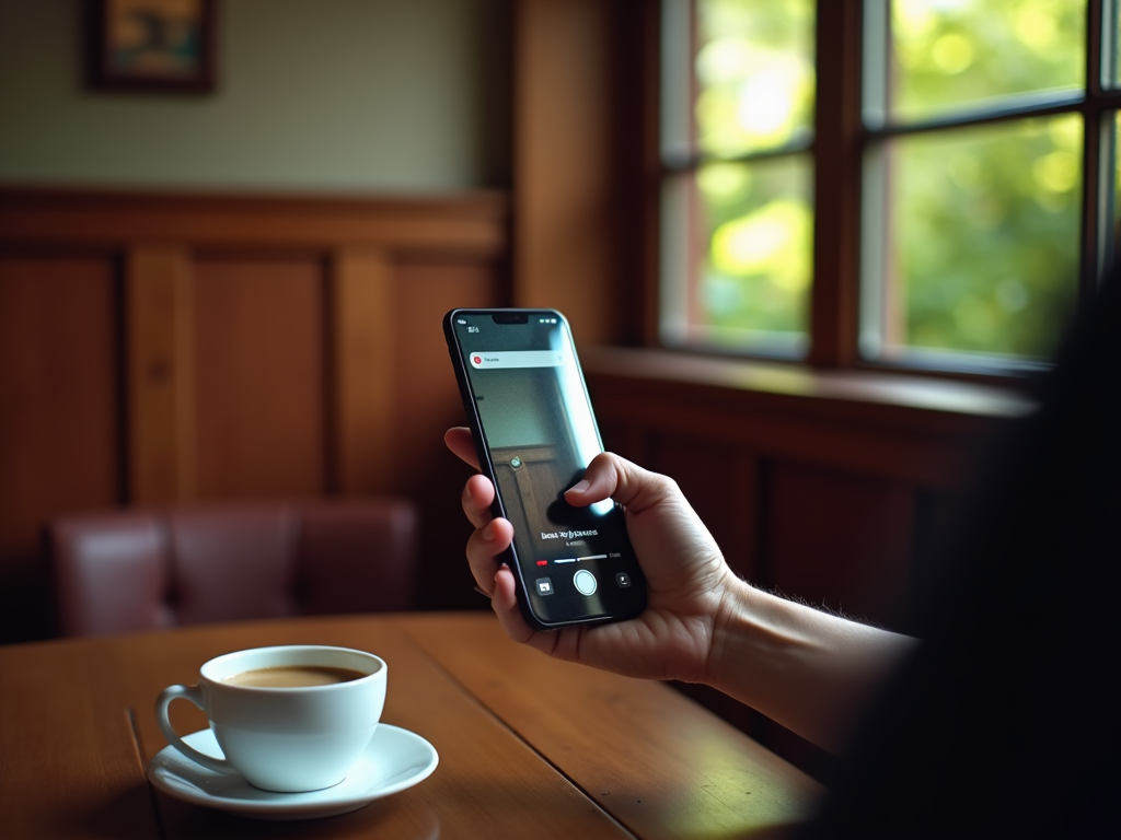 Person using smartphone to photograph a coffee cup on a wooden table near a window.