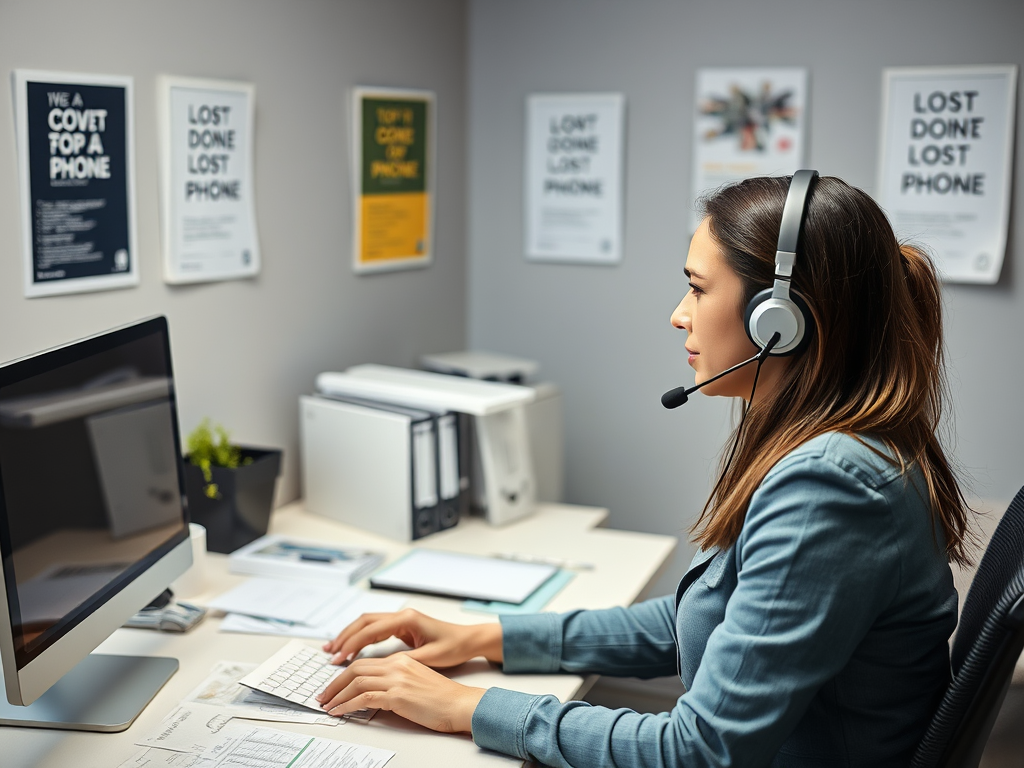 A woman in a headset works at a desk with a computer, surrounded by posters related to lost phones.
