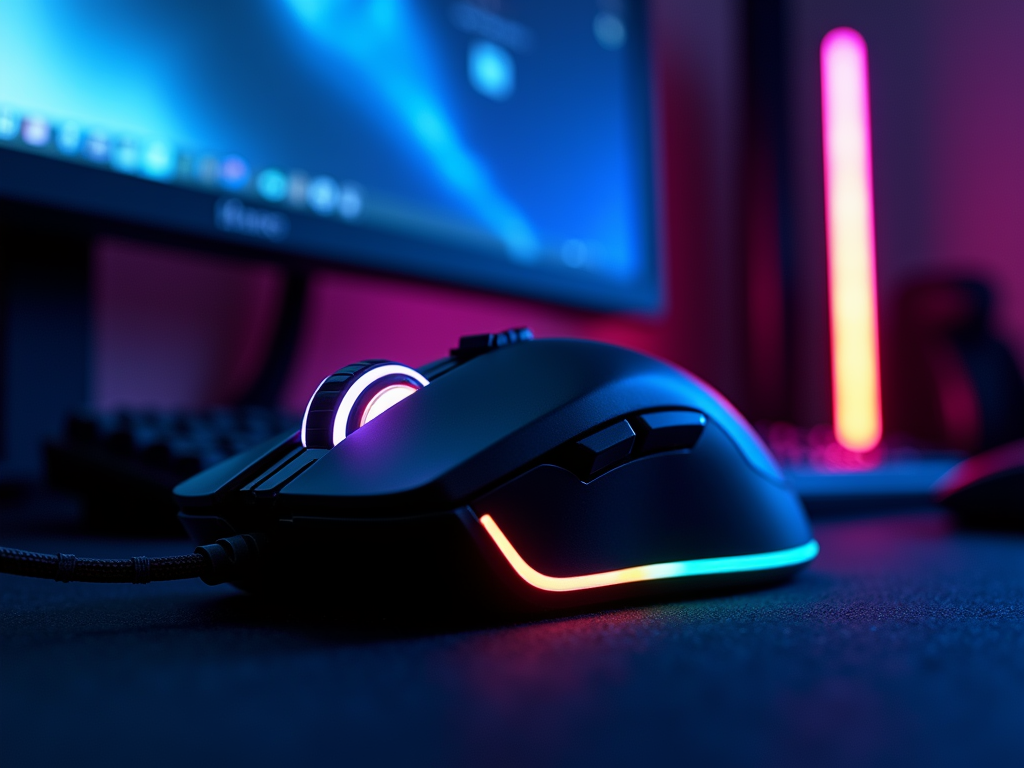 Close-up of a glowing RGB gaming mouse on a desk with a colorful backlit keyboard and monitor in the background.