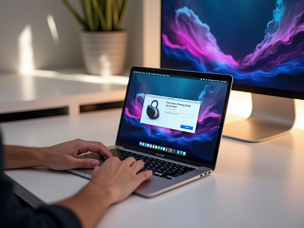 Man using laptop with privacy setup dialog on screen; desktop monitor in background.